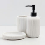 3 Pieces Resin Decorative Bathroom Accessories Set Bath Accessory Striped Kit with Toothbrush Holder Liquid Soap Dispenser and Soap Dish Tray White