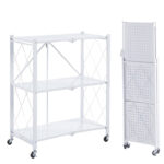 3 Tier Foldable Metal Storage Shelf Racks with Wheels Holds Up to 250 KG Moving Organizer Shelves for Kitchen Living Room and Bathroom White