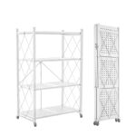 4 Tier Foldable Metal Storage Shelf Racks with Wheels Holds Up to 250 KG Moving Organizer Shelves for Kitchen Living Room and Bathroom White