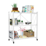 3 Tier Foldable Metal Storage Shelf Racks with Wheels Holds Up to 250 KG Moving Organizer Shelves for Kitchen Living Room and Bathroom White - Image 2