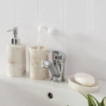4 Pieces Resin Decorative Bathroom Accessories Set Bath Accessory Kit with Toothbrush Holder Liquid Soap Dispenser Cotton Swab Jar and Tray Beige - Image 2
