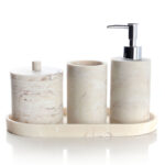 4 Pieces Resin Decorative Bathroom Accessories Set Bath Accessory Kit with Toothbrush Holder Liquid Soap Dispenser Cotton Swab Jar and Tray Beige