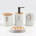 4 Pieces Resin Decorative Bathroom Accessories Set Bath Accessory Kit with Toothbrush Holder Liquid Soap Dispenser Cotton Swab Jar and Soap Dish Tray