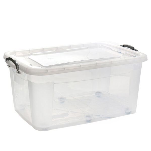 40 L Multipurpose Clear Plastic Storage Box with Lid and Wheels Stackable Storage and Organizer Container for Home Kitchen and Office 1 Piece