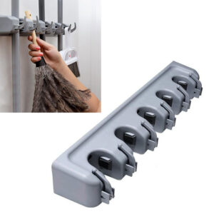 5 Compartments Wall Mounted Broom and Mop Holder with 6 Hooks Storage and Organizer Rack for Bathroom Kitchen Office and Garage Gray