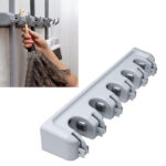 5 Compartments Wall Mounted Broom and Mop Holder with 6 Hooks Storage and Organizer Rack for Bathroom Kitchen Office and Garage Gray