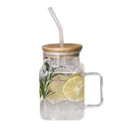 550 ML Drinking Glass Jar with Handle Glass Straw and Wooden Lid Tumbler Glass for Iced Coffee Juice Cocktail Beer and Cold Beverages 1 Piece - Image 2