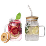 550 ML Drinking Glass Jar with Handle Glass Straw and Wooden Lid Tumbler Glass for Iced Coffee Juice Cocktail Beer and Cold Beverages 1 Piece