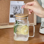 550 ML Drinking Glass Jar with Handle Glass Straw and Wooden Lid Tumbler Glass for Iced Coffee Juice Cocktail Beer and Cold Beverages 1 Piece - Image 4