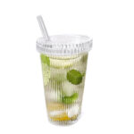 350 ML Glass Ribbed Drinking Glass Jar with Glass Lid and Straw Tumbler Glass for Iced Coffee Juice Cocktail Beer and Cold Beverages 1 Piece - Image 2