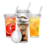 350 ML Glass Ribbed Drinking Glass Jar with Glass Lid and Straw Tumbler Glass for Iced Coffee Juice Cocktail Beer and Cold Beverages 1 Piece