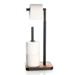 Adjustable Iron Toilet Paper Holder with Non Slip Heavy Duty Wooden Base Freestanding Toilet Roll Stand Bathroom Tissue Rack Holds Up to 4 Rolls Black