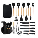 Kitchen Utensils Sets 11 Pcs Silicone Cooking Utensils Sets with Holder 5 Pcs Stainless Steel Kitchen Knife Set with Holder Scissor and Cutting Board