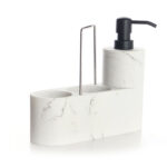 Resin Marble Pattern Soap Dispenser with Handle Pump Bottle with Sponge and Brush Holders 3 in 1 Countertop Organizer for Bathroom and Kitchen White