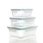 Set of 3 Striped Glass Meal Prep Container with Airtight Leakproof Locking Lid Glass Storage Container for Lunch Food Prep and Lunch Box