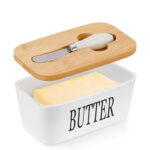 Ceramic Butter Food Containers with Bamboo Lid Sealed Butter and Cheese Holder with Butter Knife Butter Dish Food Storage Container Butter Keeper