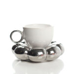 175 ML Handmade Ceramic Coffee Mug with Saucer Set Creative Cup with Sunflower Coaster Unique Mugs for Espresso Latte Mocha and Tea White and Silver