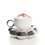 175 ML Handmade Ceramic Coffee Mug with Saucer Set Creative Cup with Sunflower Coaster Unique Mugs for Espresso Latte Mocha and Tea White and Silver - Image 5