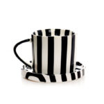 250 ML Hand Painted Ceramic Tea Mug with Matching Saucer Striped Coffee Cup Art Modern Design Mugs for Latte Milk and Hot Chocolate Black and White