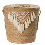 43 CM Multipurpose Handmade Woven Straw Tassel Storage Basket with Handles and Lid Organizer Baskets for Living Room Bedroom Nursery Laundry 1 Piece