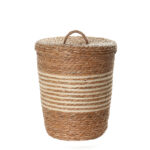 37 CM Multipurpose Handmade Woven Straw Storage Basket with Lid Built in Handle Organizer Baskets for Living Room Bedroom Nursery and Laundry 1 Piece