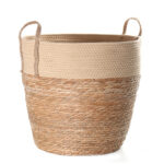 41 CM Multipurpose Handmade Woven Straw and Cotton Storage Basket with Handles Organizer Baskets for Living Room Bedroom Nursery and Laundry 1 Piece