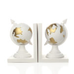 Set of 2 Resin Handcrafted Globe Bookends Sculpture Figurines Bookend Display Art Statue Decorative Ornaments for Home Decor White and Gold