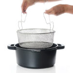 29 CM DOSTHOFF Non Stick Ceramic Coating Deep Fryer with Glass Lid and Frying Basket 3 in 1 Fryer Pot Pans with Covered Silicone Handles 1 Piece Black