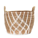 34 CM Multipurpose Handmade Woven Straw and Cotton Storage Basket with Handles Organizer Baskets for Living Room Bedroom Nursery and Laundry 1 Piece
