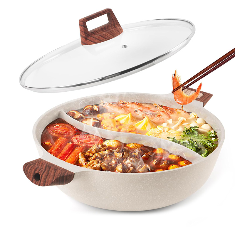 31 CM Non Stick Hot Pot with Divider and Glass Lid Hot Pots for Dual Broth Cooking Dual Sided Pot for Electric Induction Gas Stove and Grill (1) 31CM Dual-Sided Non-Stick Hot Pot with Divider & Glass Lid Multi-Cooktop Compatible Suitable for Induction Gas & Electric Cooktops - Image 1