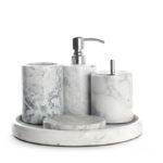 5 Pieces Marble Decorative Bathroom Accessories Set Bath Accessory Kit Includes Soap Dispenser Soap Dish Cotton Swab Box with Lid Tumbler and Tray