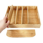 Bamboo Storage Organizer Box with 5 Adjustable Removable Dividers Multipurpose Kitchen Drawer Organization for Cutlery Lids and Kitchen Utensils - Image 2