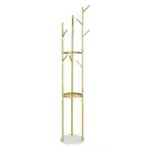 162 CM Heavy Duty Metal Coat Rack Stand with Stable Marble Base Freestanding Hanger with 2 Storage Shelf and 9 Hooks for Clothes Hats and Bags Gold