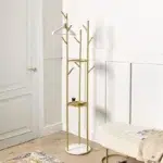 162 CM Heavy Duty Metal Coat Rack Stand with Stable Marble Base Freestanding Hanger with 2 Storage Shelf and 9 Hooks for Clothes Hats and Bags Gold - Image 2