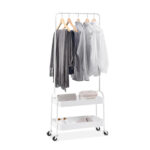 159 CM Heavy Duty Metal Garment Rack 4.5 KG Rolling Storage Cart with Wheels Freestanding Cloth Hanger Rail with 2 Tier Storage Shelf White