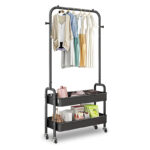 159 CM Heavy Duty Metal Garment Rack 4.5 KG Rolling Storage Cart with Wheels Freestanding Cloth Hanger Rail with 2 Tier Storage Shelf Black - Image 2