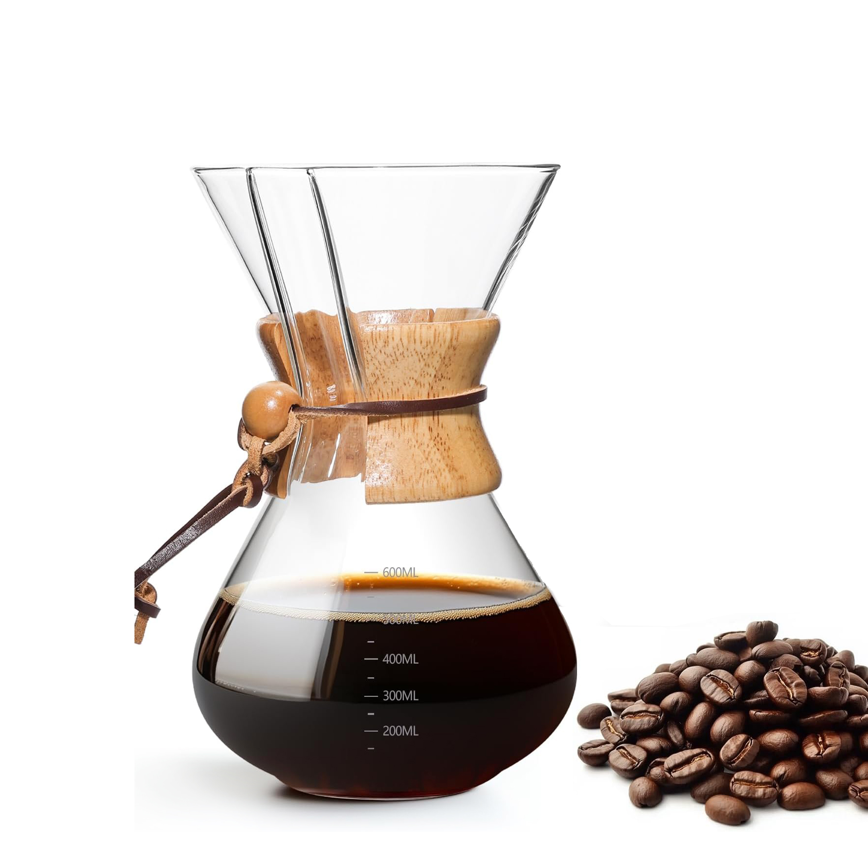 Pour Over Coffee Maker Borosilicate Glass Carafe with Wooden Collar and Leather Tie High Heat Resistant Decanter Manual Coffee Dripper Brewer (5) 600 ML Pour Over Coffee Maker Borosilicate Glass Carafe with Wooden Collar and Leather Tie High Heat Resistant Decanter Manual Coffee Dripper Brewer - Image 1
