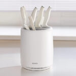 Space Saving Knife Block Organizer with Multi Slot Cutlery Holder with Drain Tray and Scissor Slot Countertop Storage Rack for Knives Forks and Spoons