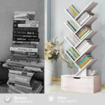 120 CM Tree Bookshelves 8 Shelf Wood Storage Racks Floor Standing Display Bookcase Organizer Shelves for Living Room Bedroom and Office White - Image 2