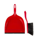 Vileda Dustpan and Brush Standard Set Grooved Edge and Rubber Lip Small Broom with Soft Bristle and Plastic Dustpan Red