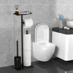 Stainless Steel Toilet Roll Stand with Toilet Brush and Top Shelf Freestanding Toilet Paper Holder Standing Set Holds Up to 4 Rolls Black - Image 2