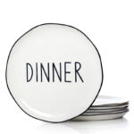 27 CM Porcelain Main Plate with Text Design Dinner Glazed Black Rim Dinnerware Plates Tableware Kitchen Dish Microwave and Dishwasher Safe 1 Piece