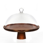29 CM Round Acacia Wood Cake Stand with Dome Clear Acrylic Cover Wooden Footed Serving Display Tray for Cake Desserts Patisserie and Appetizers