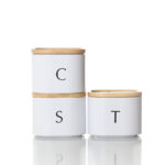 3 Pieces Metal Canister Set with Airtight Seal Bamboo Lids Stackable Kitchen Storage and Organization Canisters for Coffee Tea and Sugar White