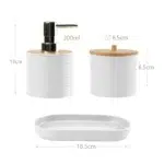 3 Pieces Plastic Bathroom Accessories Set with Bamboo Lid Bath Accessory Kit Including Liquid Soap Dispenser Cotton Swab Jar and Tray White - Image 3