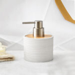 3 Pieces Plastic Bathroom Accessories Set with Bamboo Lid Bath Accessory Kit Including Liquid Soap Dispenser Cotton Swab Jar and Tray White - Image 2