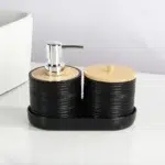 3 Pieces Plastic Bathroom Accessories Set with Bamboo Lid Bath Accessory Kit Including Liquid Soap Dispenser Cotton Swab Jar and Tray Black - Image 4