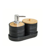 3 Pieces Plastic Bathroom Accessories Set with Bamboo Lid Bath Accessory Kit Including Liquid Soap Dispenser Cotton Swab Jar and Tray Black