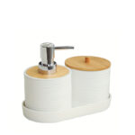 3 Pieces Plastic Bathroom Accessories Set with Bamboo Lid Bath Accessory Kit Including Liquid Soap Dispenser Cotton Swab Jar and Tray White