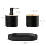 3 Pieces Plastic Bathroom Accessories Set with Bamboo Lid Bath Accessory Kit Including Liquid Soap Dispenser Cotton Swab Jar and Tray Black - Image 3